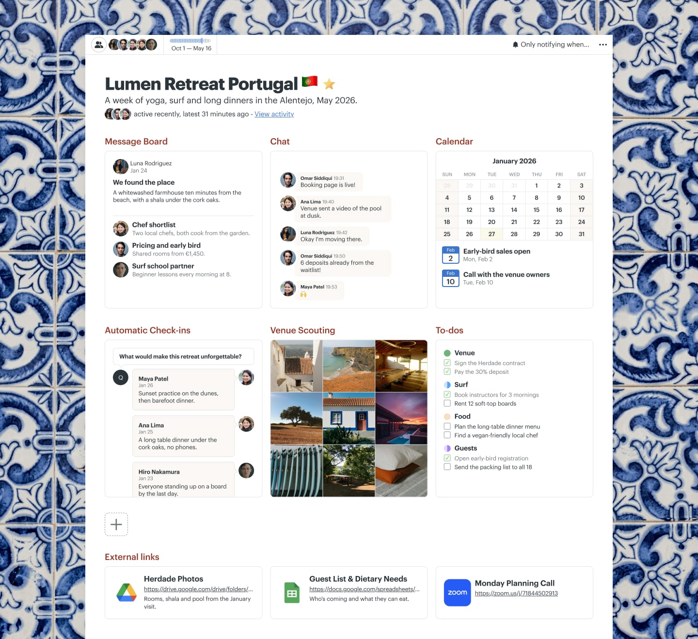 A retreat planning project in Basecamp with Docs & Files, a Message Board, a Calendar, To-dos, Chat, and Automatic Check-ins