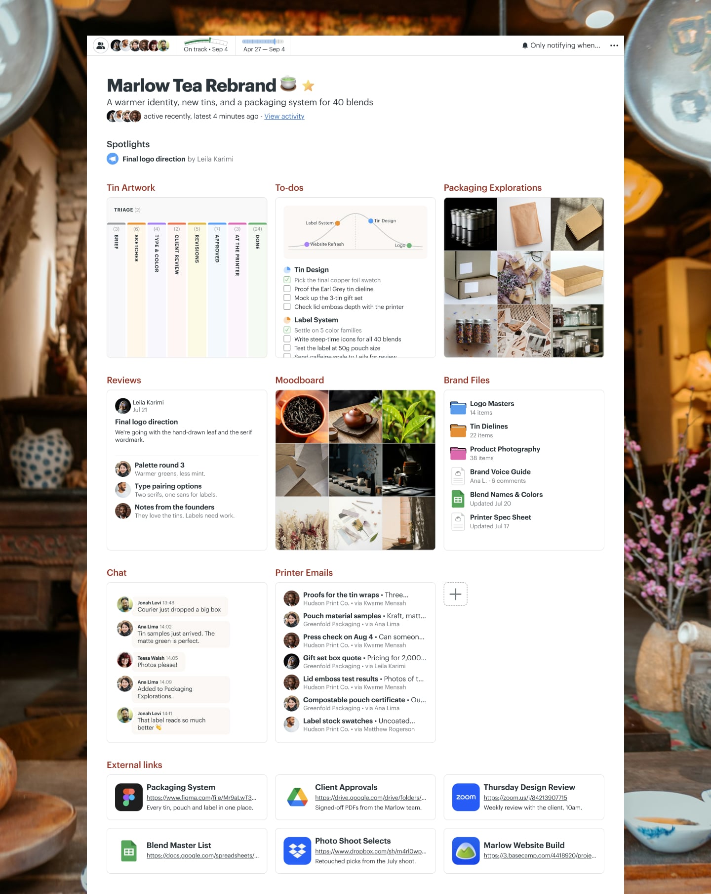 A brand identity refresh project in Basecamp with a Message Board, a Card Table, Docs & Files, and Email Forwards