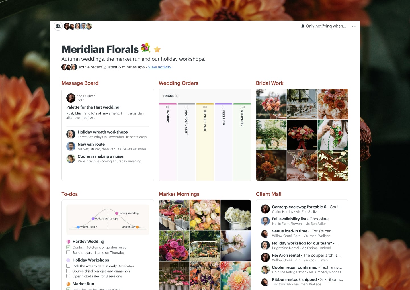 A florist wedding bookings project in Basecamp with a Message Board, a Calendar, Docs & Files, To-dos, and Chat
