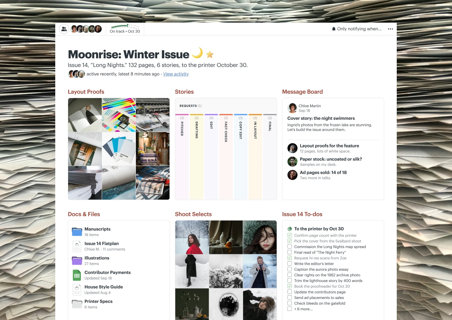 A magazine production project in Basecamp with Docs & Files, a Message Board, To-dos, a Calendar, and Automatic Check-ins