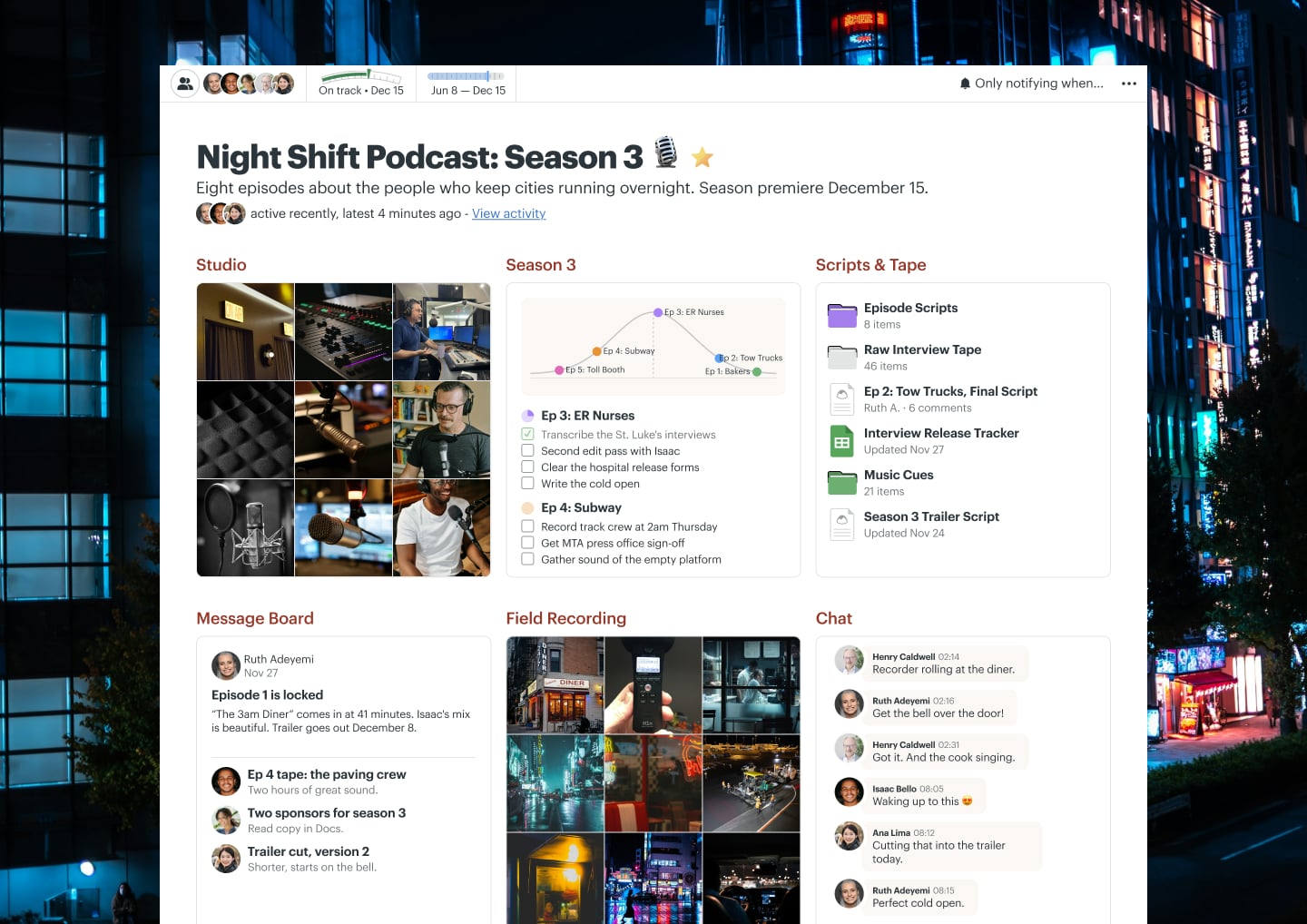 A podcast season project in Basecamp with a Message Board, Docs & Files, To-dos, a Calendar, and Chat