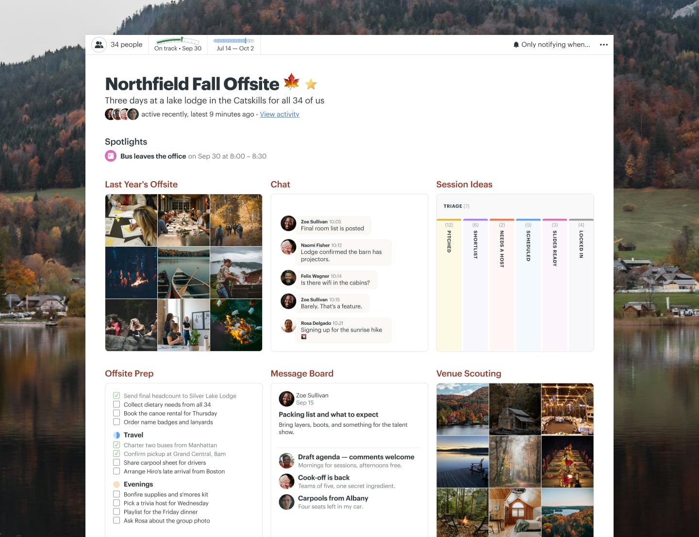 A company offsite project in Basecamp with a Schedule, To-dos, a Card Table, Docs & Files, and a Message Board