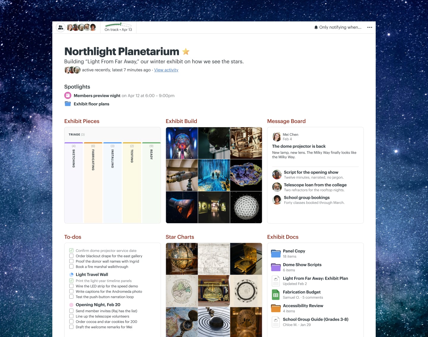 A museum exhibit project in Basecamp with Docs & Files, a Message Board, To-dos, and Chat