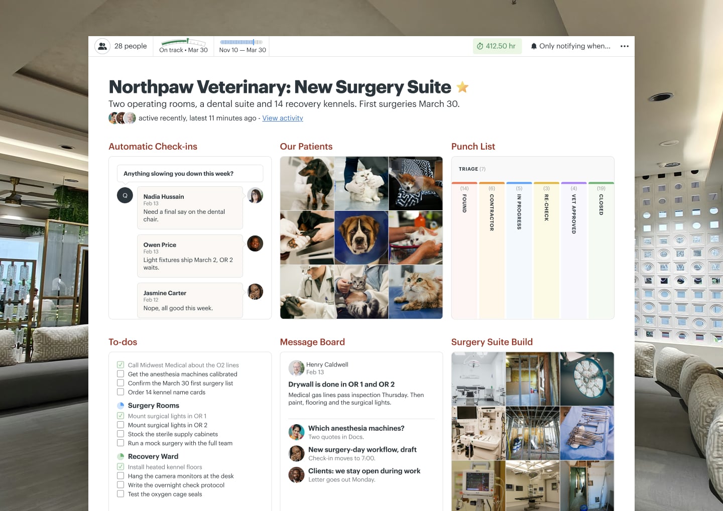 A surgery suite build project in Basecamp with Docs & Files, a Message Board, a Card Table, To-dos, and a Calendar