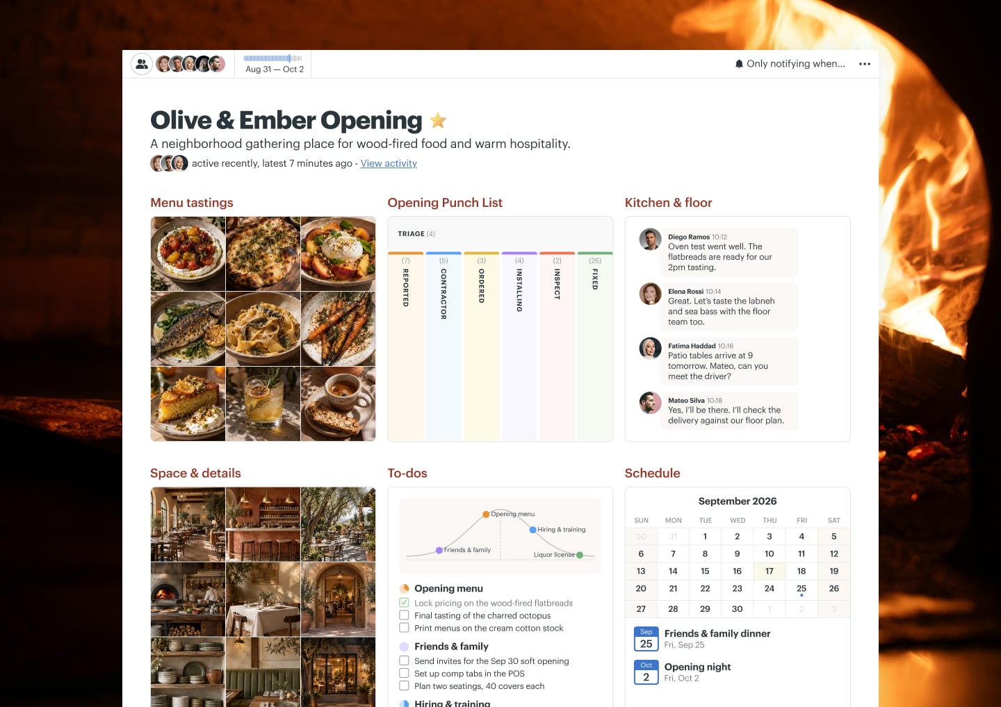 A restaurant opening project in Basecamp with Docs & Files, Chat, To-dos, a Schedule, and Automatic Check-ins