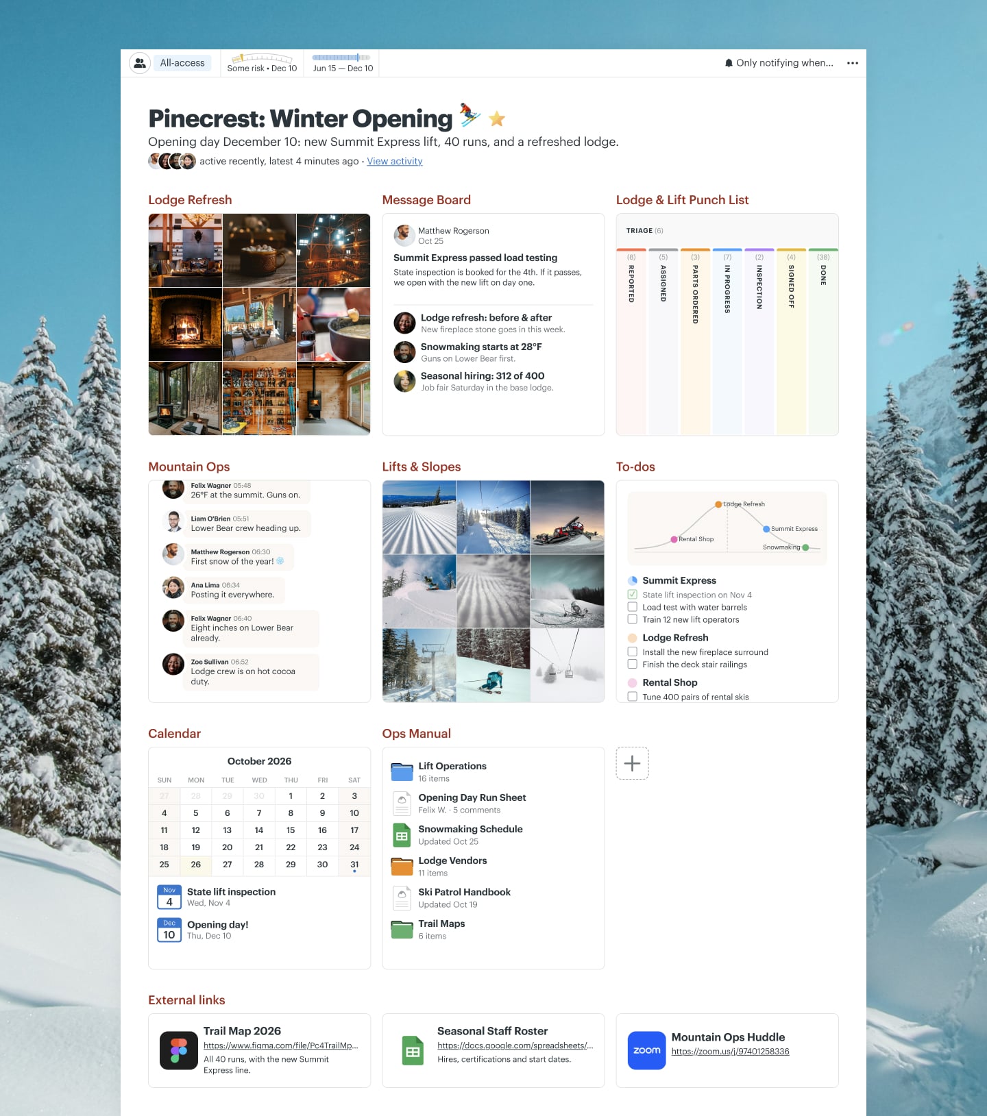 A ski season opening project in Basecamp with Chat, a Card Table, Docs & Files, a Message Board, a Calendar, and Automatic Check-ins