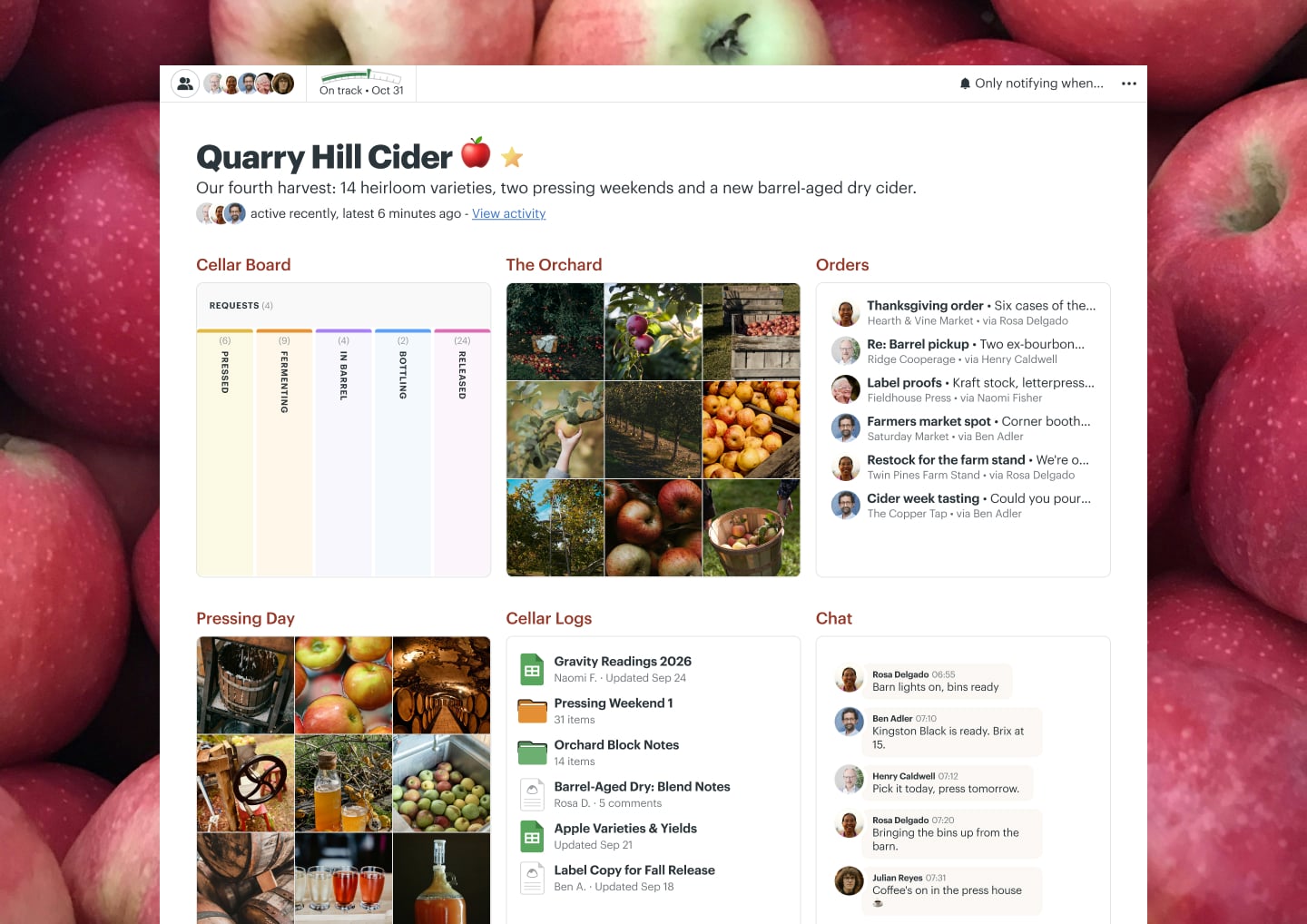 A cider harvest project in Basecamp with a Card Table, Docs & Files, Email Forwards, a Calendar, and Chat