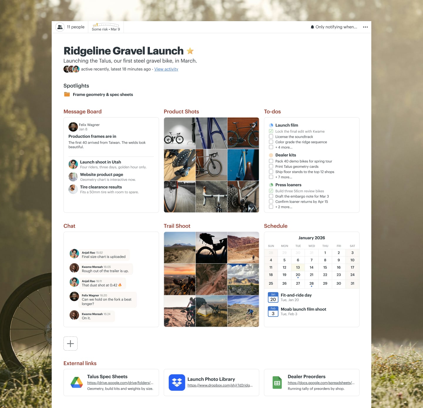 A gravel bike launch project in Basecamp with Docs & Files, a Message Board, To-dos, a Schedule, and Chat