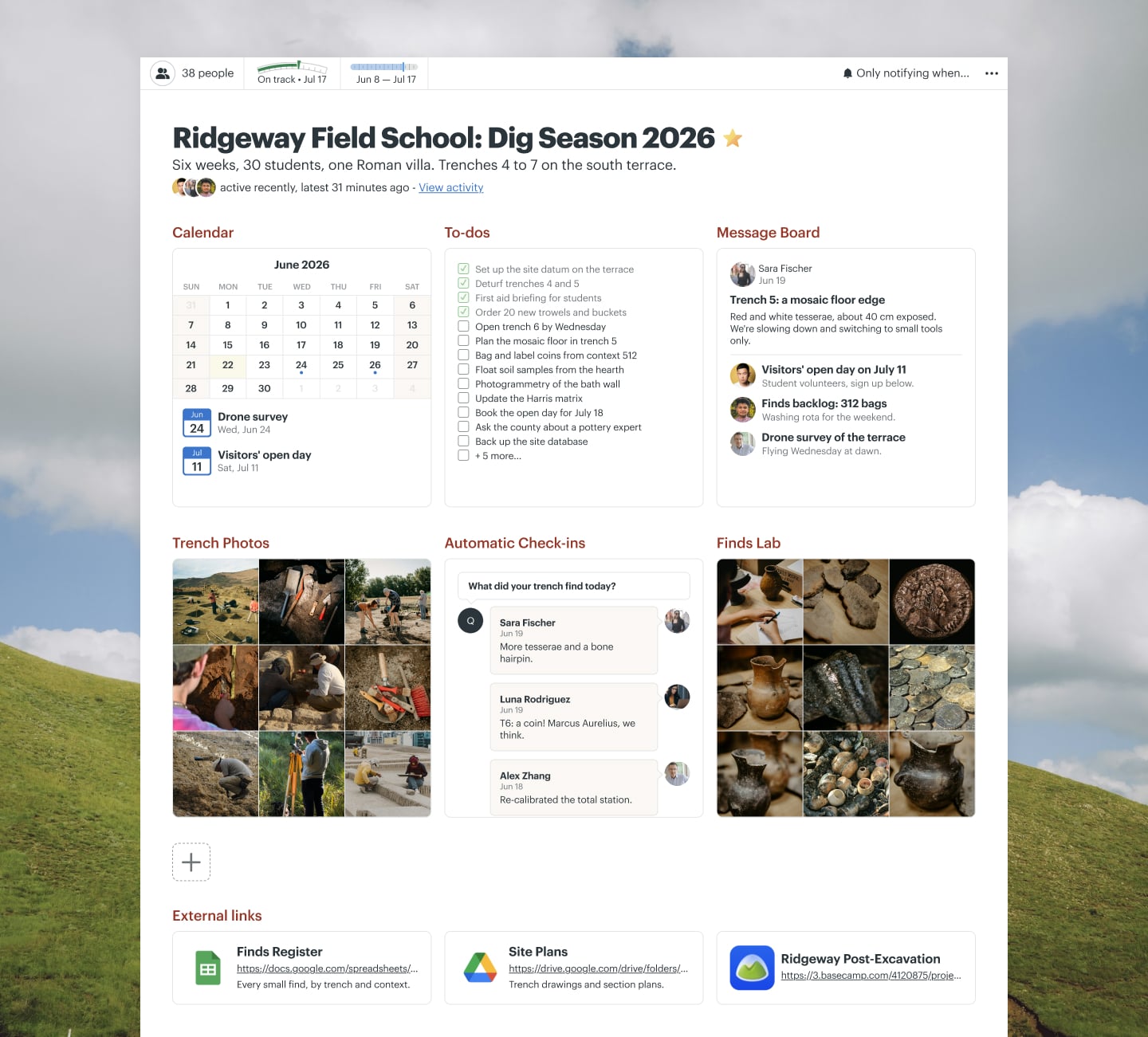 An archaeology dig project in Basecamp with a Message Board, Docs & Files, To-dos, a Calendar, and Automatic Check-ins