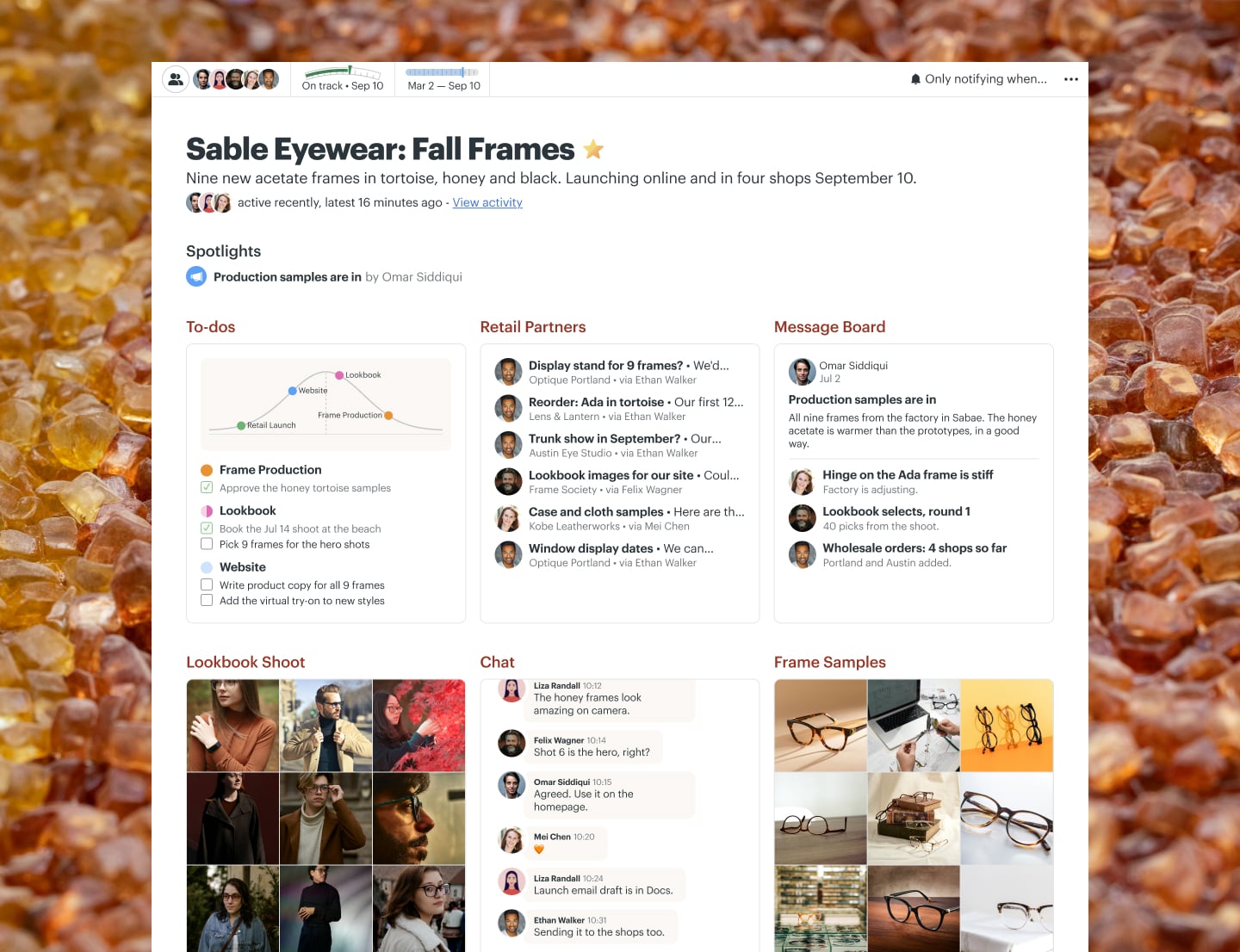 An eyewear collection project in Basecamp with a Message Board, Docs & Files, Chat, To-dos, and Email Forwards