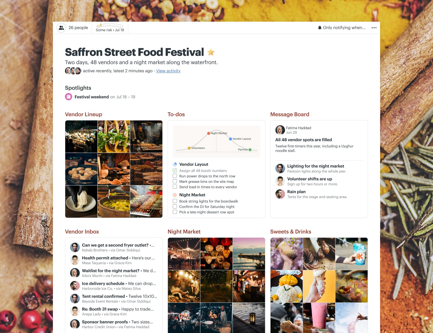 A food festival management project in Basecamp with a Message Board, a Calendar, Docs & Files, and To-dos