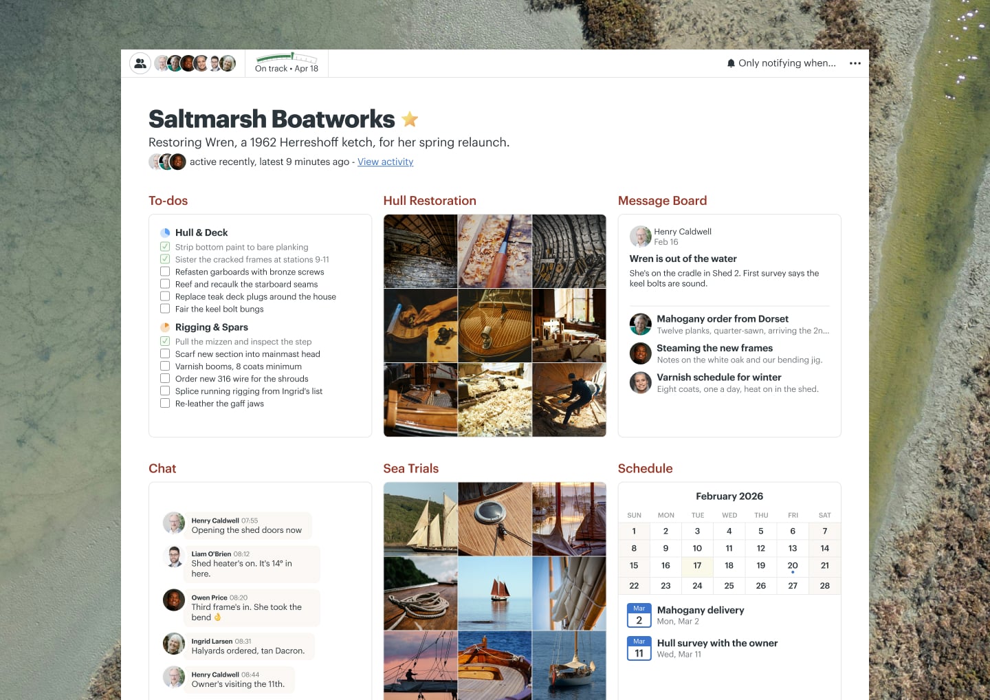 A boat restoration project in Basecamp with Docs & Files, a Message Board, To-dos, and Chat
