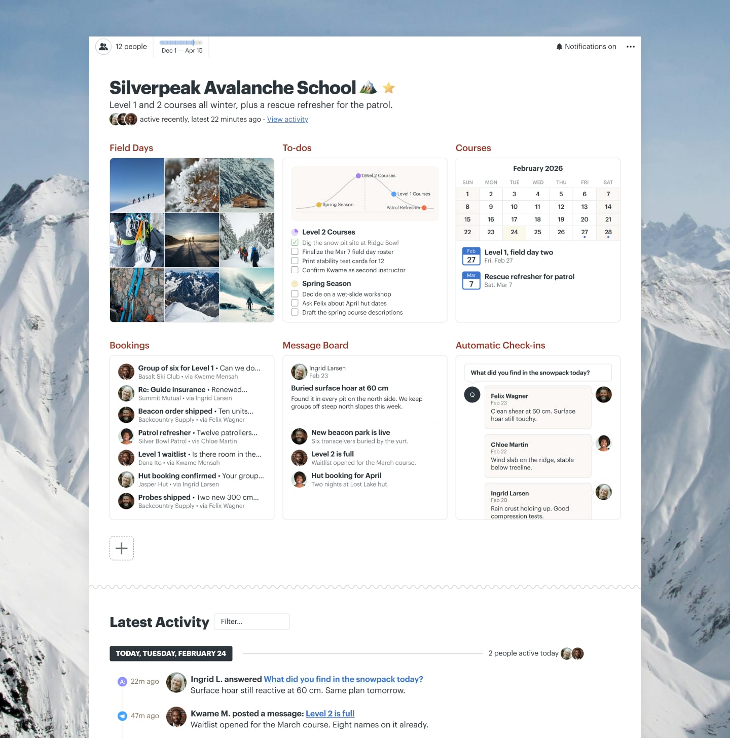 An avalanche safety courses project in Basecamp with a Schedule, Docs & Files, Email Forwards, a Message Board, and Automatic Check-ins