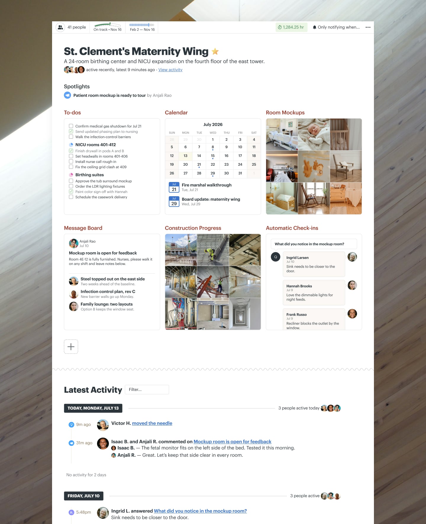 A hospital wing construction project in Basecamp with Docs & Files, a Message Board, To-dos, a Calendar, and Automatic Check-ins