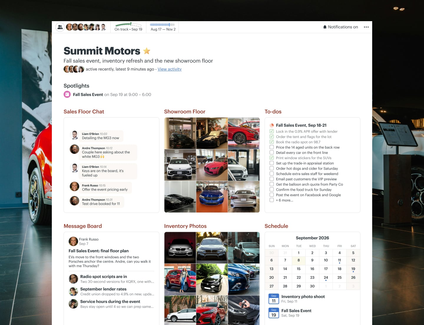 A car showroom remodel project in Basecamp with a Message Board, a Schedule, Docs & Files, To-dos, and Chat