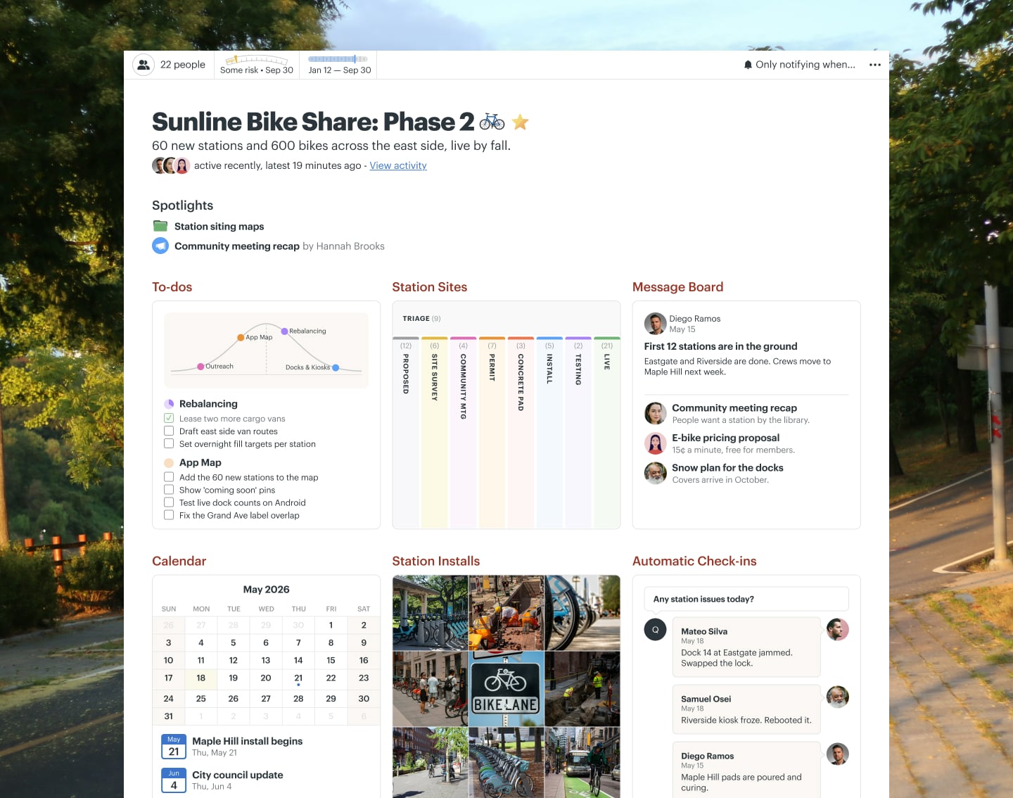 A bike share expansion project in Basecamp with a Card Table, Docs & Files, a Message Board, and Automatic Check-ins