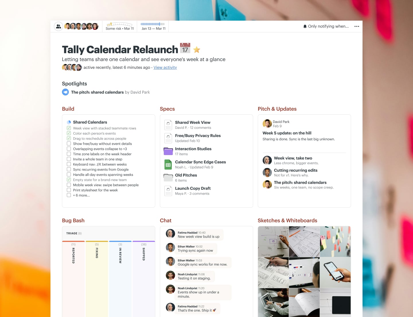 A software relaunch project in Basecamp with a Message Board, a Card Table, Docs & Files, To-dos, Automatic Check-ins, and Chat