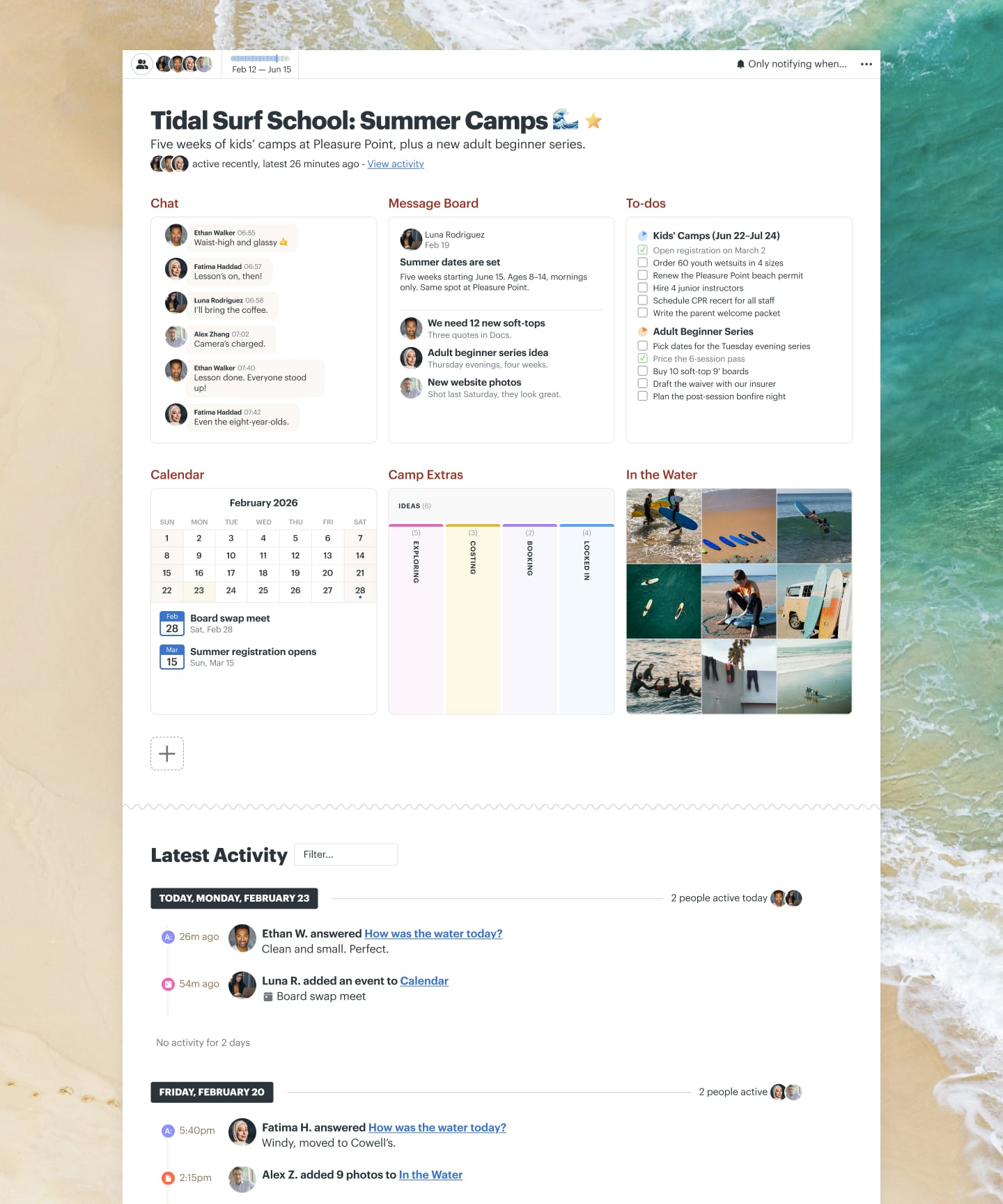 A summer surf camps project in Basecamp with Docs & Files, a Message Board, a Calendar, To-dos, Chat, and Automatic Check-ins