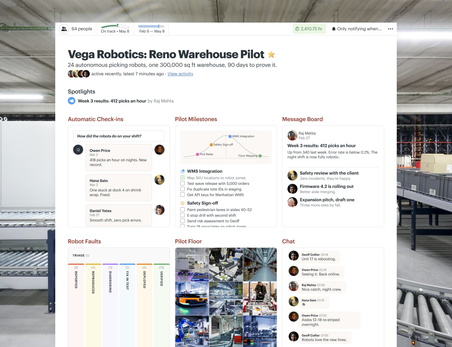 A warehouse robotics pilot project in Basecamp with a Message Board, Docs & Files, To-dos, a Calendar, Automatic Check-ins, and Chat