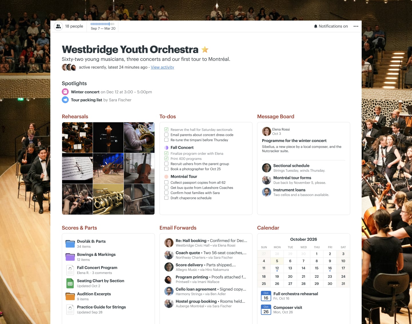 A youth orchestra tour project in Basecamp with a Message Board, Docs & Files, a Calendar, To-dos, Email Forwards, and Automatic Check-ins