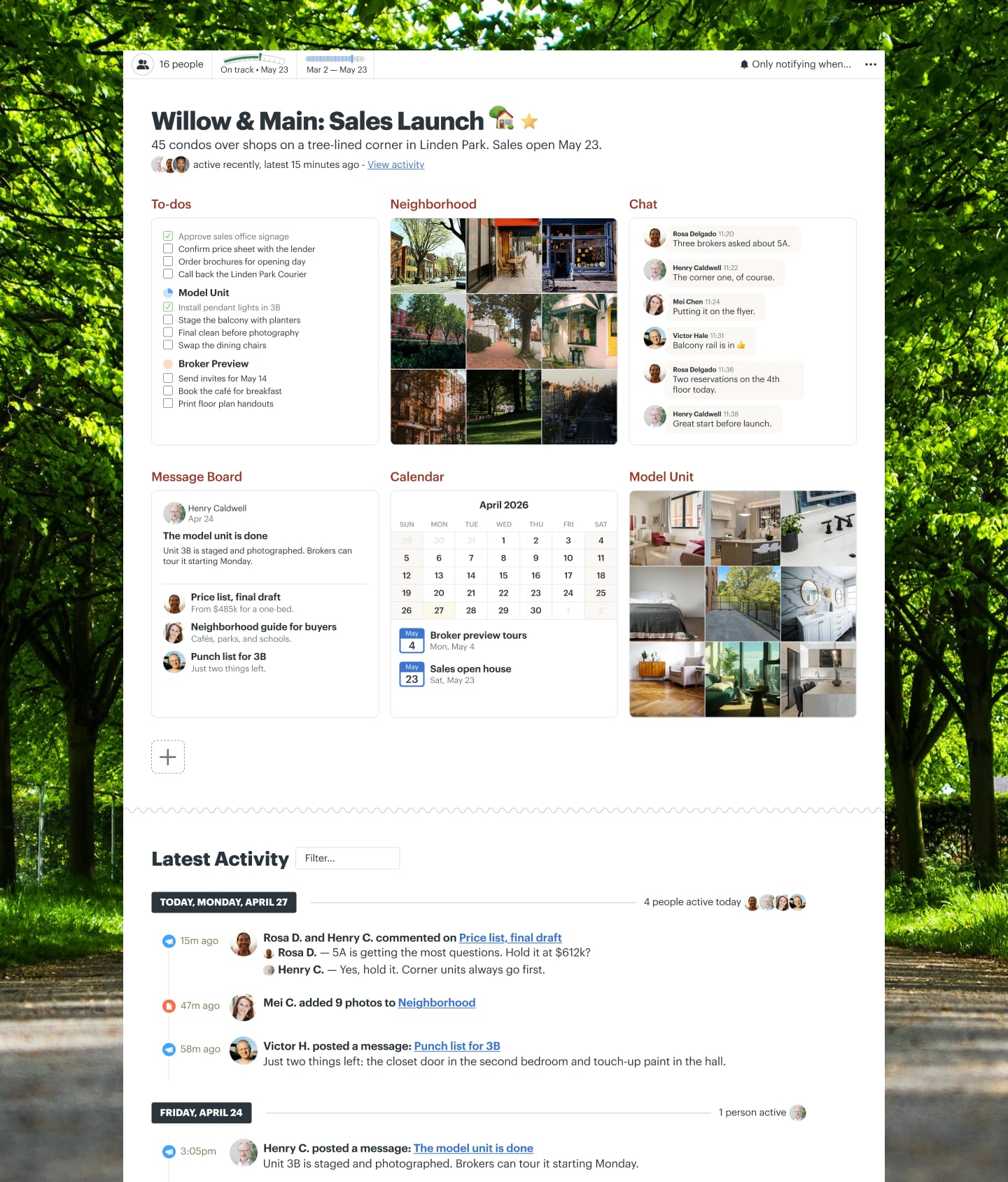 A condo sales launch project in Basecamp with Docs & Files, a Message Board, a Calendar, To-dos, and Chat