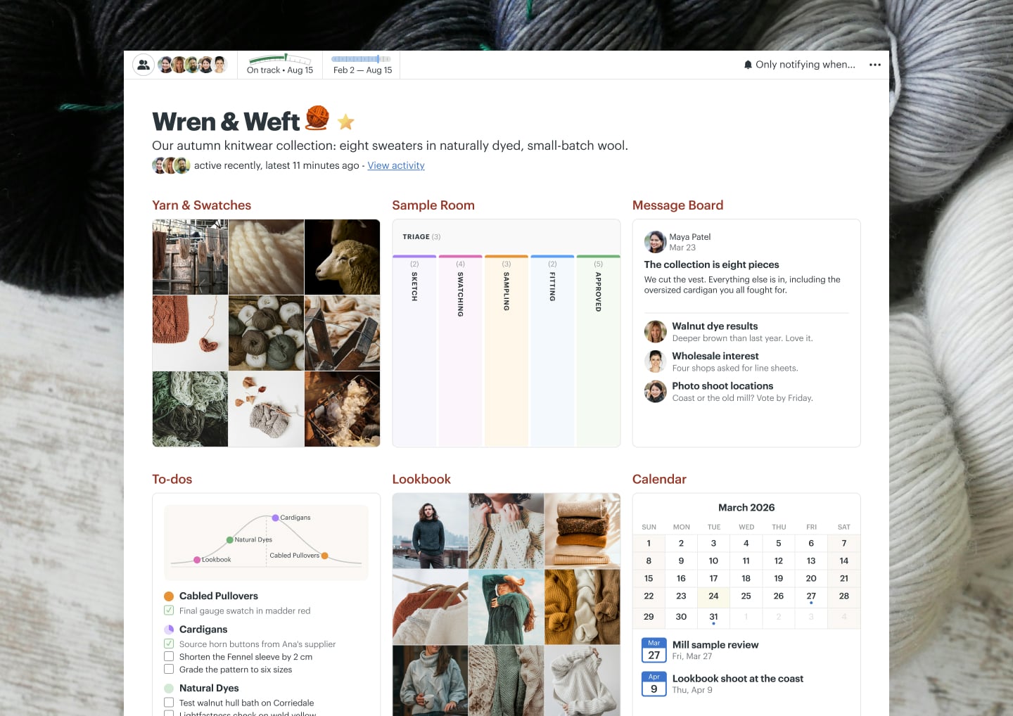 A knitwear collection project in Basecamp with Docs & Files, a Message Board, To-dos, a Calendar, and Automatic Check-ins